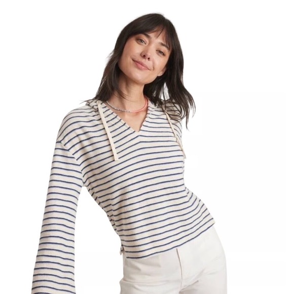Marine Layer Playa Hoodie Navy Cream Stripe Cotton Blend Pullover | Sz XS | NWT - Picture 3 of 9